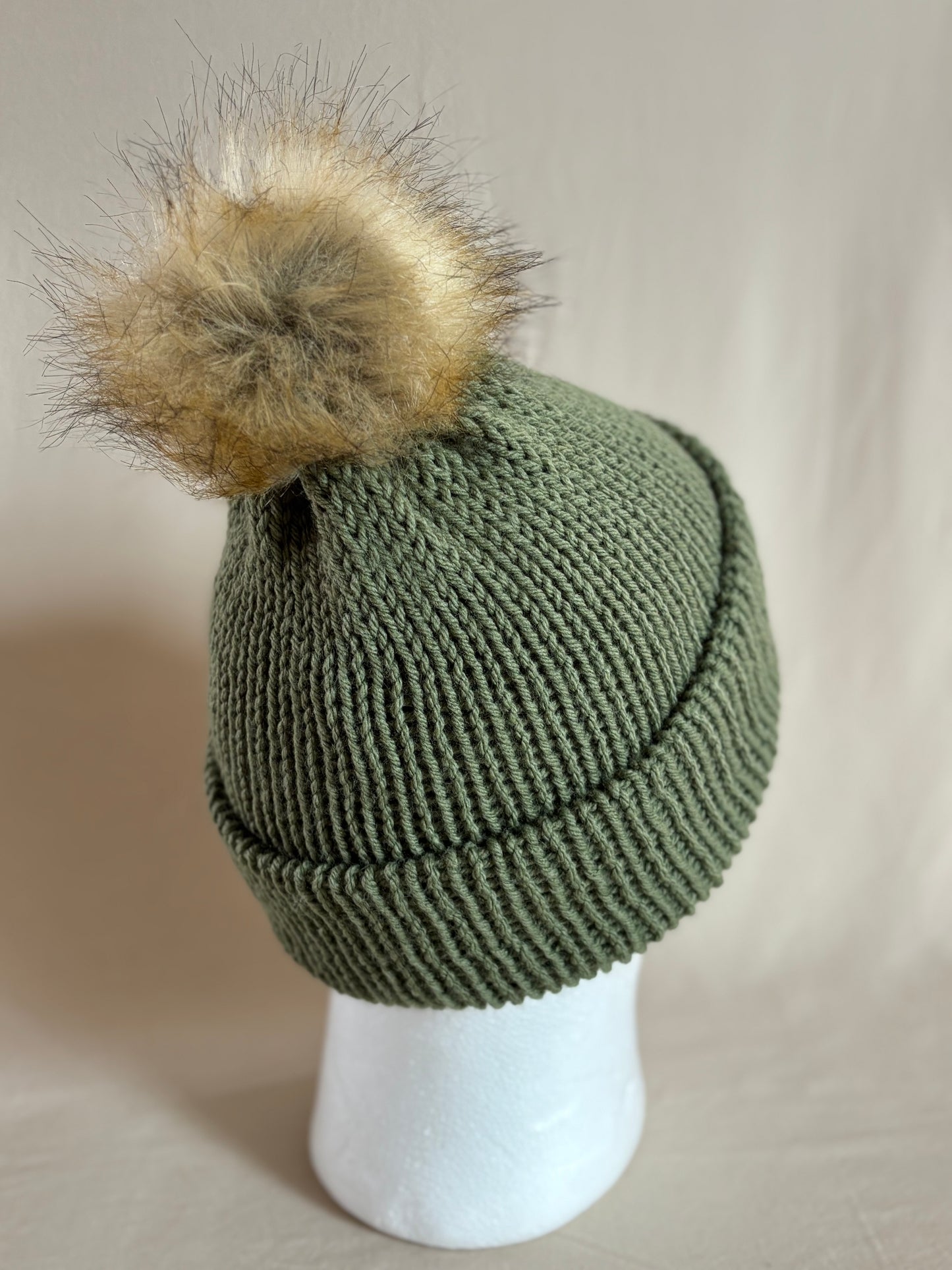 Olive Ribbed Beanie with Faux Fur Pom