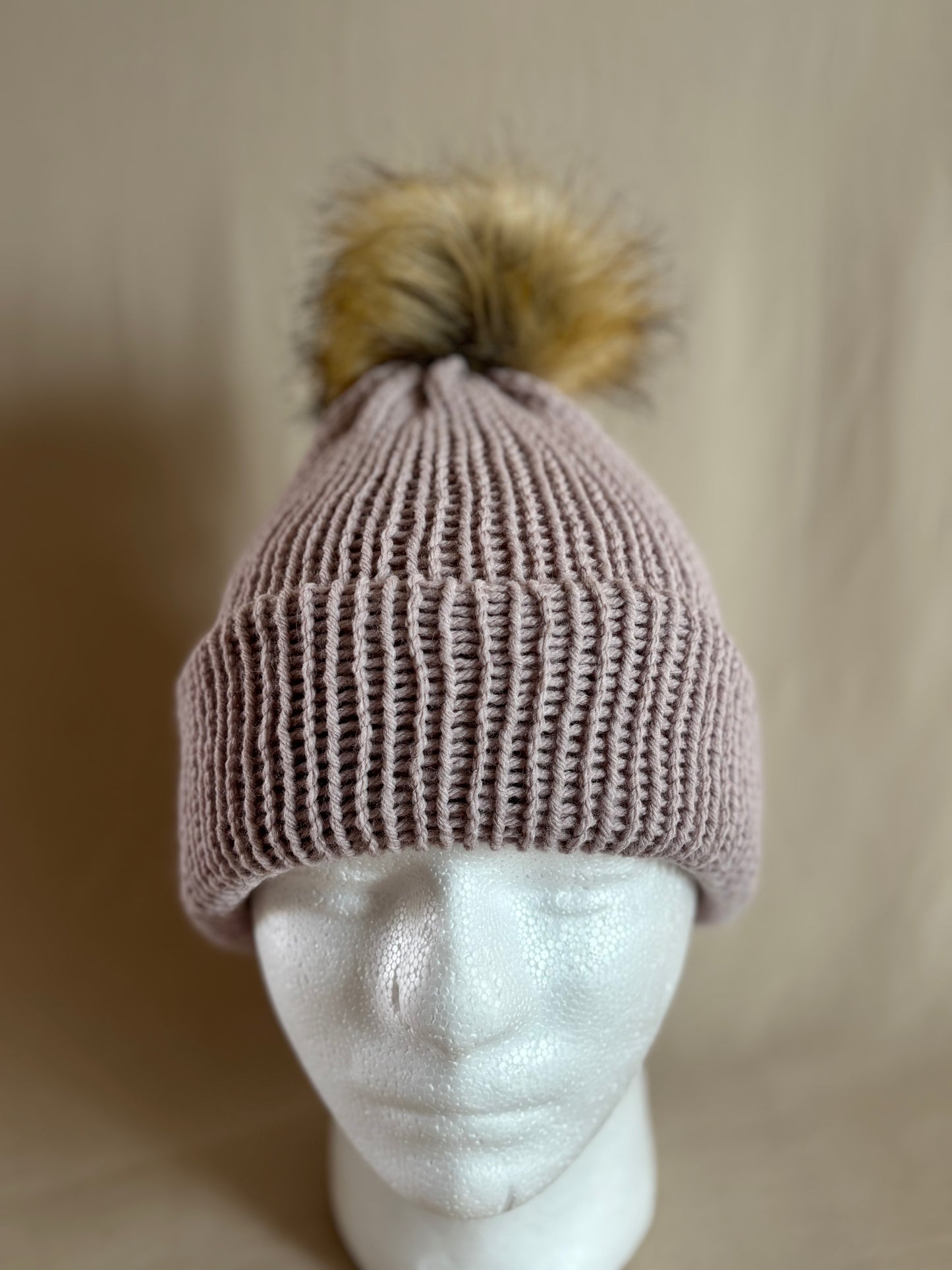 Blush Ribbed Beanie with Faux Fur Pom