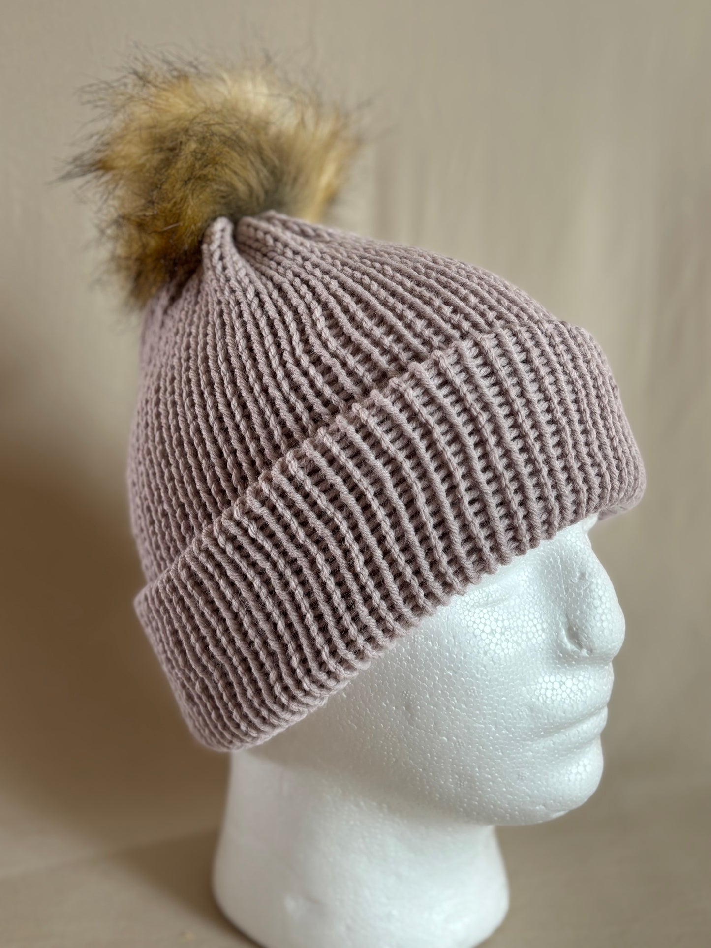 Blush Ribbed Beanie with Faux Fur Pom