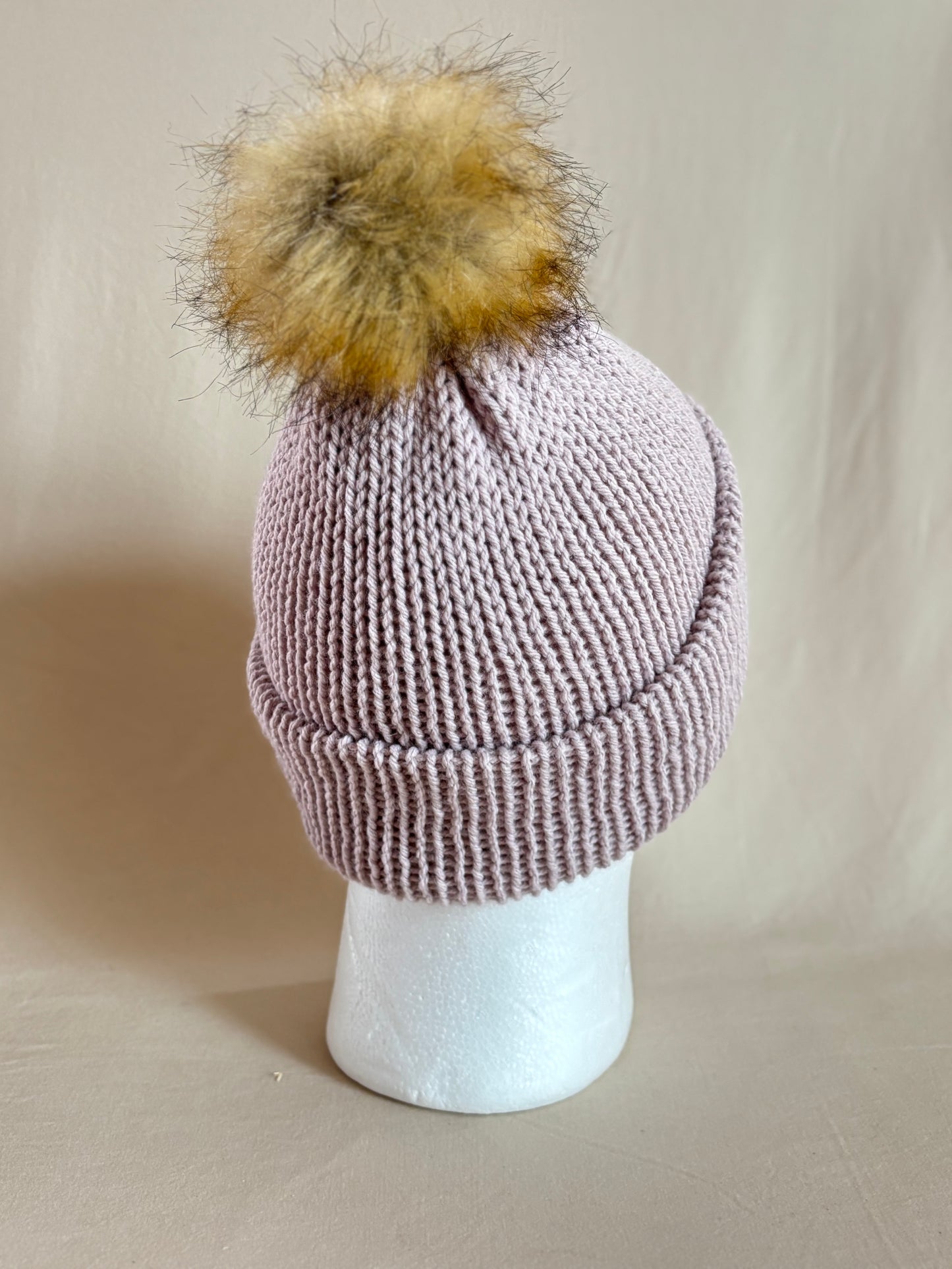 Blush Ribbed Beanie with Faux Fur Pom