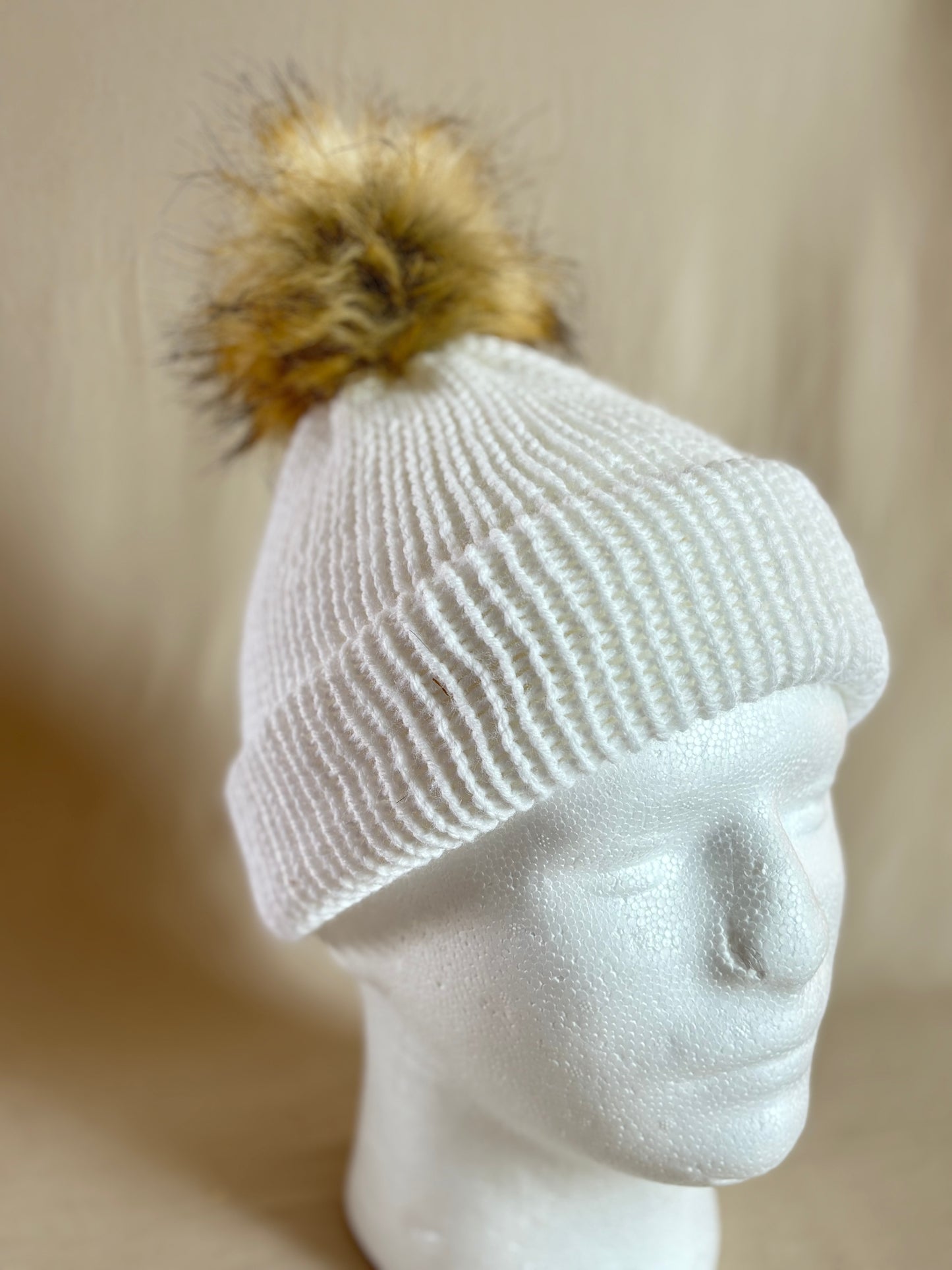 Snow White Knit Beanie with Faux Fur Pom