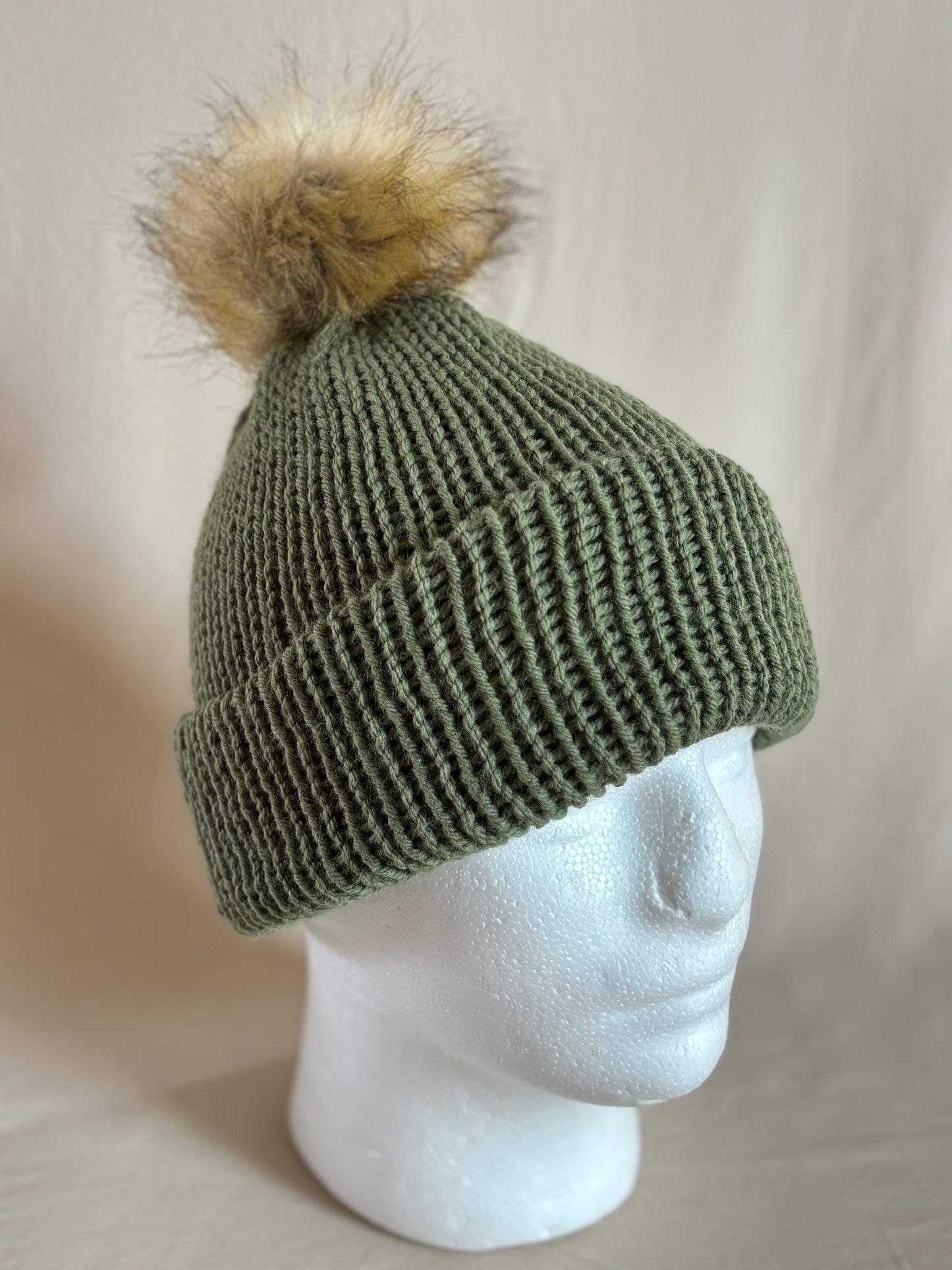 Olive Ribbed Beanie with Faux Fur Pom