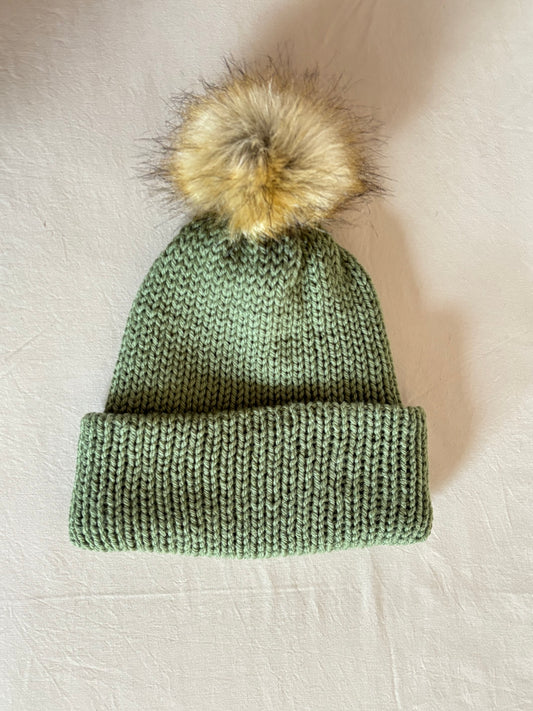 Olive Ribbed Beanie with Faux Fur Pom