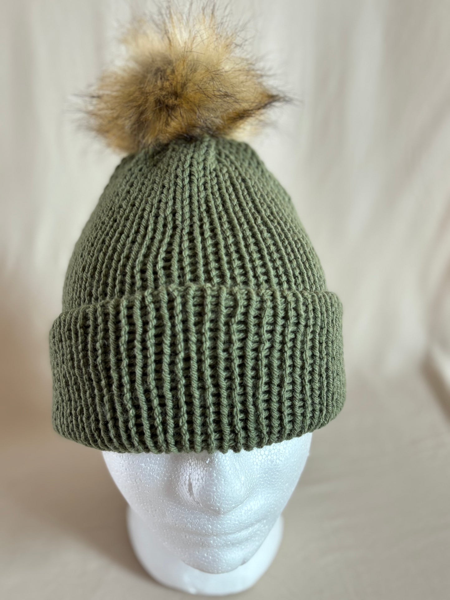 Olive Ribbed Beanie with Faux Fur Pom