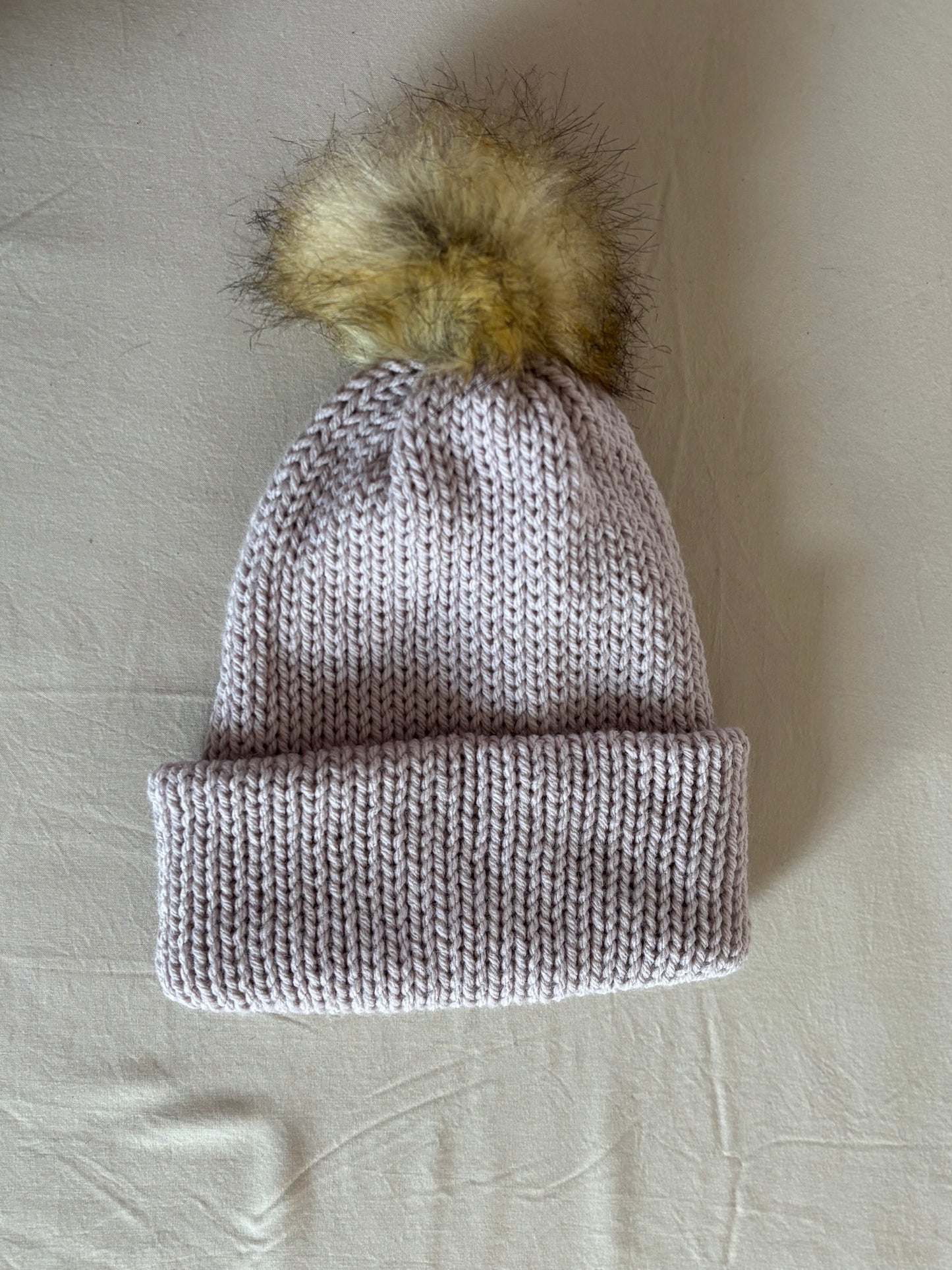 Blush Ribbed Beanie with Faux Fur Pom