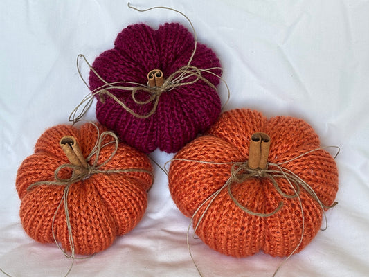 🍂 Large Knit Pumpkins with Cinnamon Stick Stems 🍂
