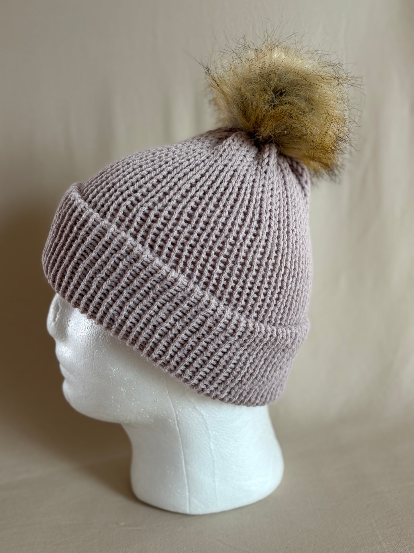 Blush Ribbed Beanie with Faux Fur Pom