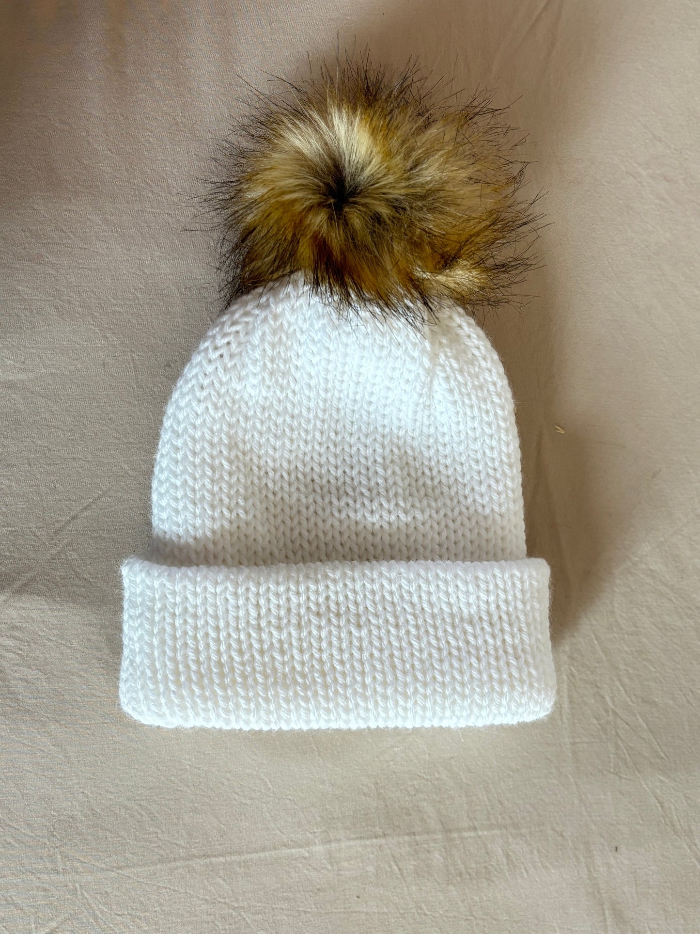 Snow White Knit Beanie with Faux Fur Pom