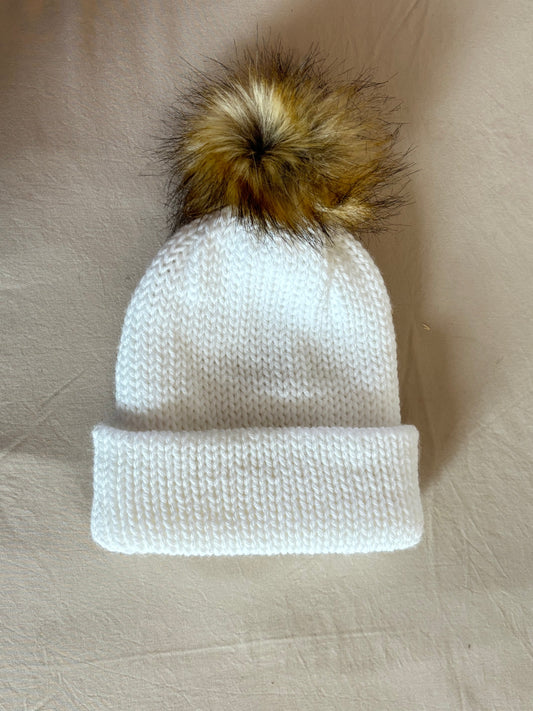 Snow White Knit Beanie with Faux Fur Pom