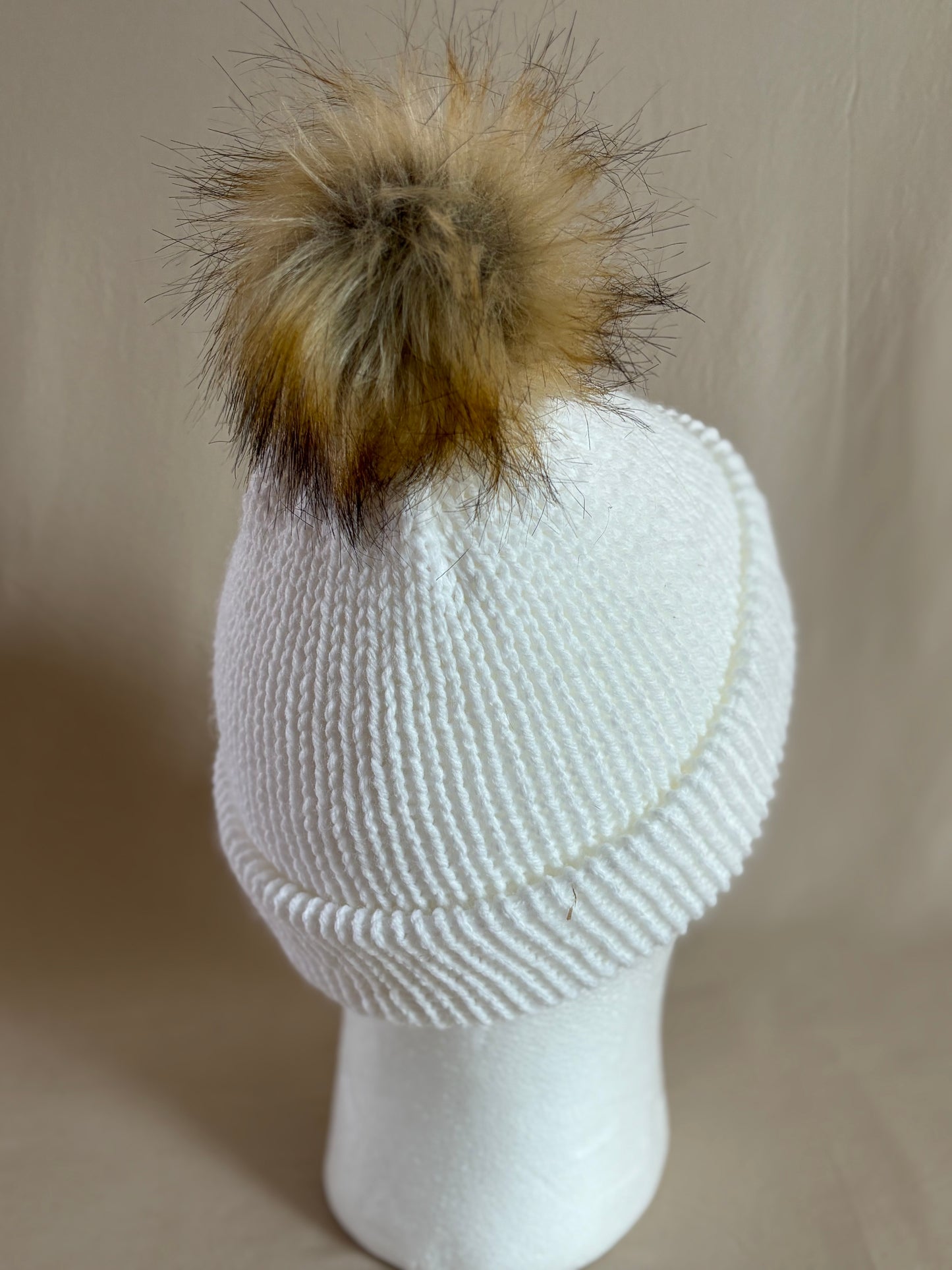 Snow White Knit Beanie with Faux Fur Pom