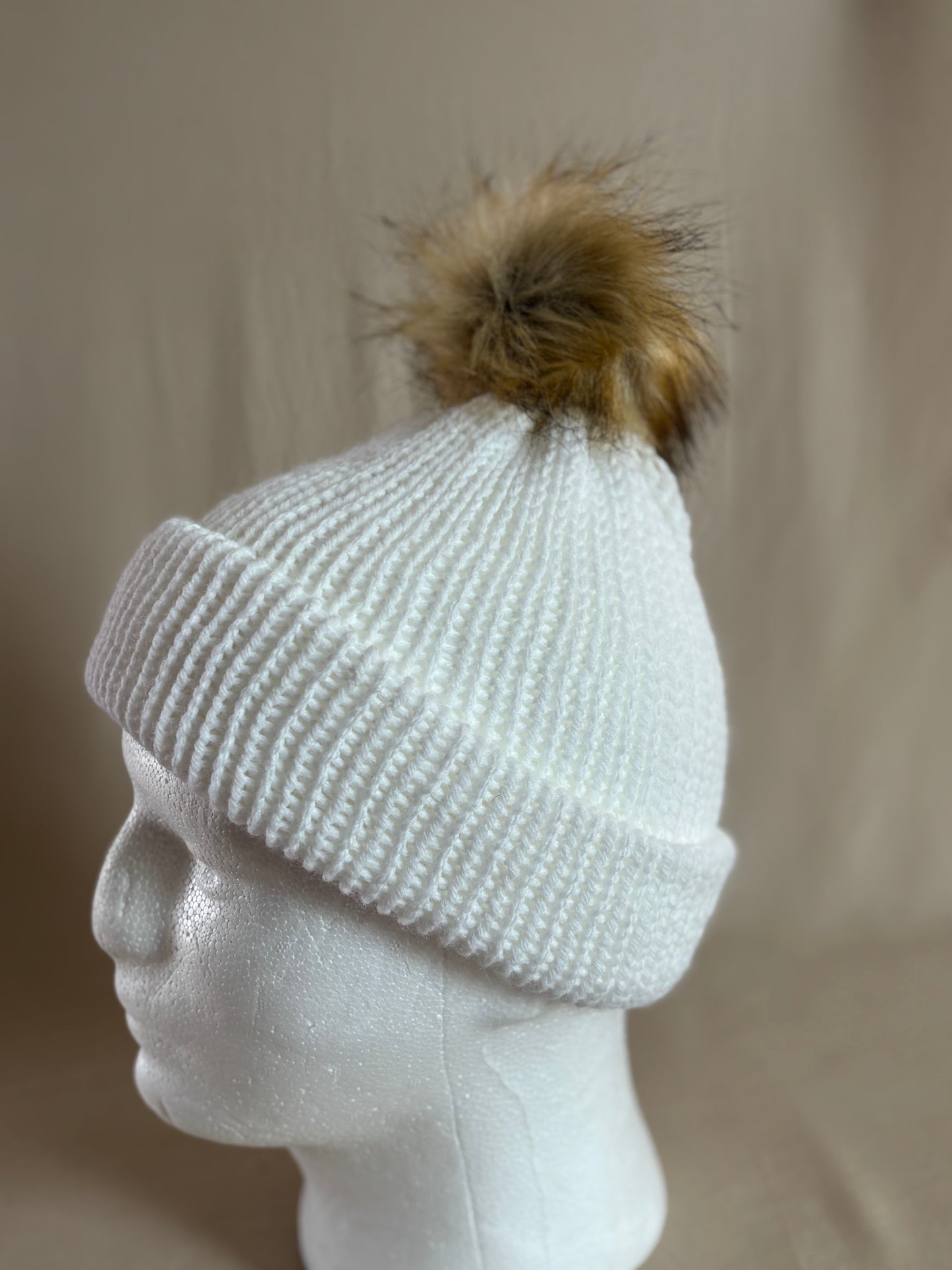 Snow White Knit Beanie with Faux Fur Pom