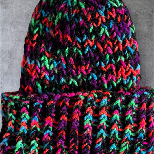 Black w/Neo Stripes Chunky Knit Beanie